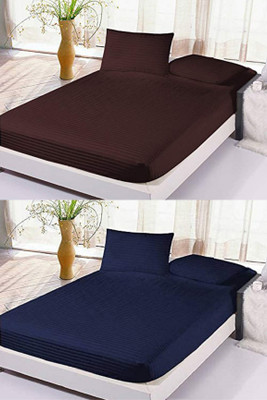 VORDVIGO 300 TC Satin Double Striped Fitted (Elastic) Bedsheet(Pack of 2, Brown & Blue)