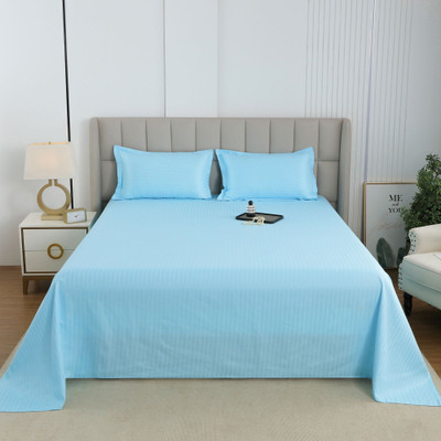 Story@home Cotton King Flat 300 TC Striped Bedsheet(Pack of 1, Blue)