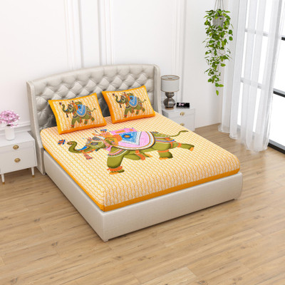 UNIQCHOICE 120 TC Cotton Double Jaipuri Prints Flat Bedsheet(Pack of 1, Yellow)