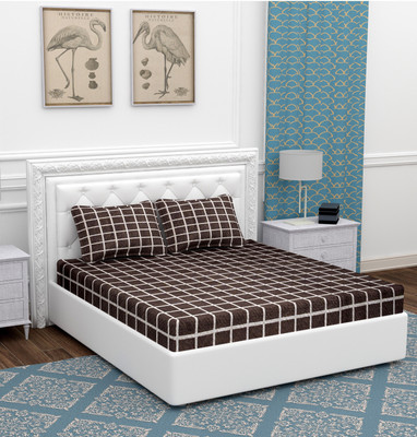 BEVI Microfiber Double Flat 300 TC Checkered Bedsheet(Pack of 1, Brown)