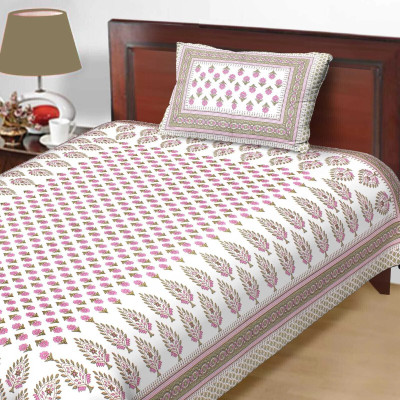 hntraders Cotton Single Flat 144 TC Jaipuri Prints Bedsheet(Pack of 1, White)