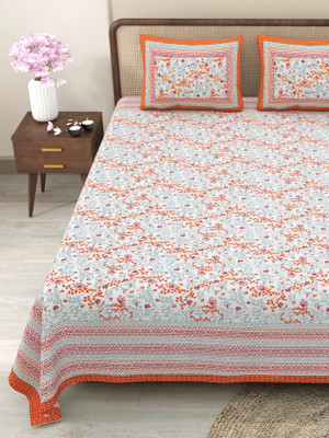 CLOTHOLOGY Cotton King Flat 240 TC Jaipuri Prints Bedsheet(Pack of 1, Orange, Pink, Grey)