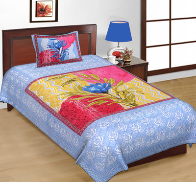Satnam Prints Cotton Single Flat 160 TC Printed Bedsheet(Pack of 1, Blue)
