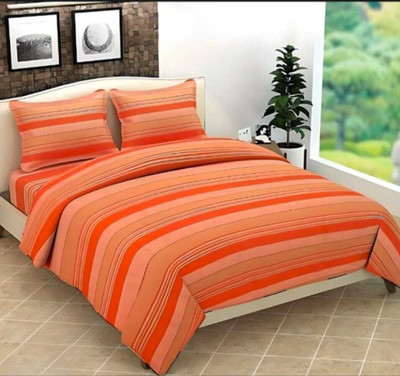 SPSON'S HANDLOOM 210 TC Cotton King Striped Flat Bedsheet(Pack of 1, Orange)