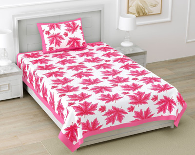 BharatLinen Cotton Single Flat 144 TC Jaipuri Prints Bedsheet(Pack of 1, Pink, White)
