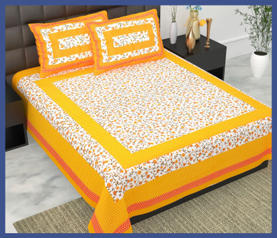 BedZone Cotton Double Flat 240 TC Jaipuri Prints Bedsheet(Pack of 1, Yellow)