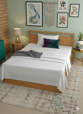 Matangeez Cotton Blend Single Fitted (Elastic) 260 TC Striped Bedsheet(Pack of 1, White)