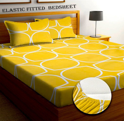 Panipat Textile Hub 210 TC Cotton Queen 3D Printed Fitted (Elastic) Bedsheet(Pack of 1, Yellow,White)