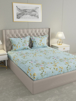 Raymond Home Microfiber Double Flat 100 TC Floral Bedsheet(Pack of 1, Turquoise Blue)
