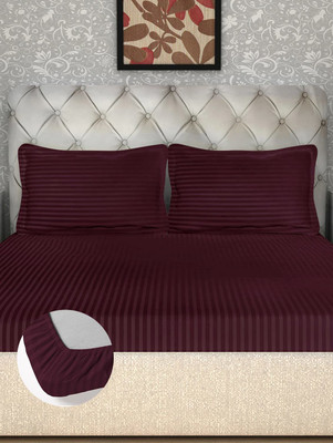 TURIYA 180 TC Microfiber Double Striped Fitted (Elastic) Bedsheet(Pack of 1, Maroon)