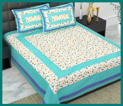 BedZone Cotton Double Flat 240 TC Jaipuri Prints Bedsheet(Pack of 1, Sky)