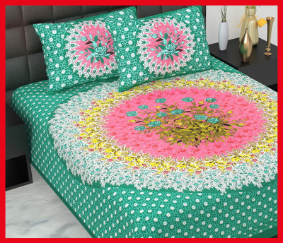 JAIPUR PRINTS Cotton Double Flat 210 TC Jaipuri Prints Bedsheet(Pack of 1, Green)