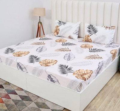 PRINDA 210 TC Polycotton King Printed Fitted (Elastic) Bedsheet(Pack of 1, White)