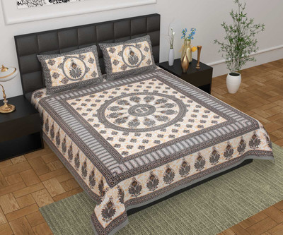Narmada prints Cotton Double Flat 210 TC Jaipuri Prints Bedsheet(Pack of 1, Grey)