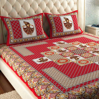 Leo Creation Cotton Double Flat 144 TC Jaipuri Prints Bedsheet(Pack of 1, Red)