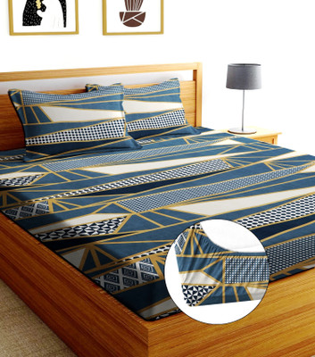 Shruvis Ekart 254 TC Cotton Double Printed Fitted (Elastic) Bedsheet(Pack of 1, Grey, White)