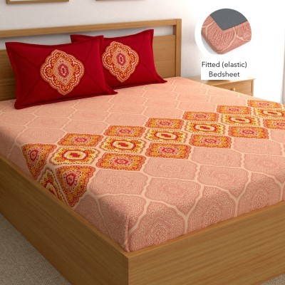 Dreamscape 144 TC Cotton King Printed Fitted (Elastic) Bedsheet(Pack of 1, Red)