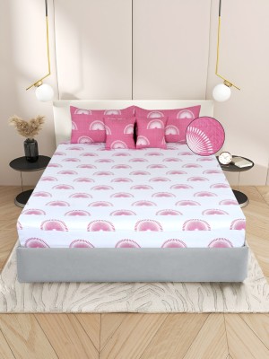 Moonroof 300 TC Cotton Double Printed Fitted (Elastic) Bedsheet(Pack of 1, White+Pink(1 Fitted Bedsheet +2 Pillow Cover +2 Cushion Covers with Filler)