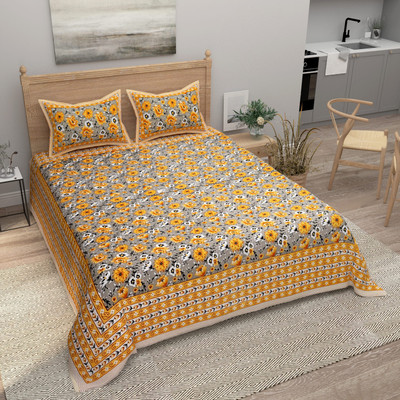 Bombay Spreads 140 TC Cotton King Jaipuri Prints Flat Bedsheet(Pack of 1, Yellow)