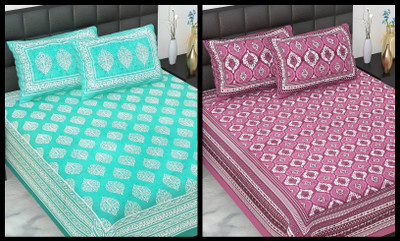JAIPUR PRINTS 220 TC Cotton Double Jaipuri Prints Flat Bedsheet(Pack of 2, Purple,Sky)