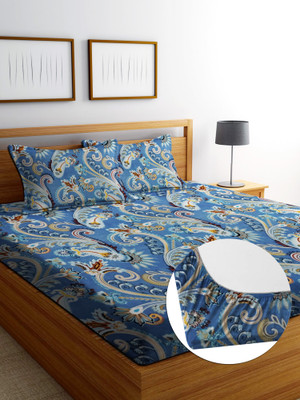 RisingStar Cotton Double Fitted (Elastic) 250 TC Striped Bedsheet(Pack of 1, Blue)