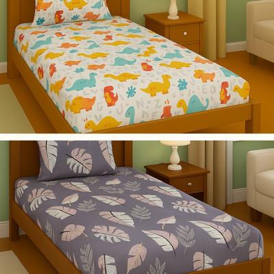 Lzyhome Cotton Single Fitted (Elastic) 310 TC Printed Bedsheet(Pack of 2, White Cartoon&Purple)