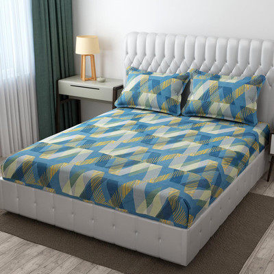 KANSAL HANDLOOM Cotton Double Fitted (Elastic) 300 TC Printed Bedsheet(Pack of 1, Multicolor)