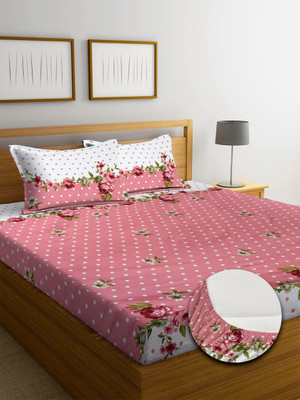 EMBERA Cotton King Fitted (Elastic) 200 TC Floral Bedsheet(Pack of 1, Pink)