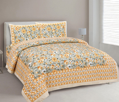 Loroco Cotton King Flat 108 TC Floral Bedsheet(Pack of 1, Yellow)