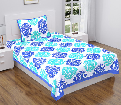 KOUNDAL 144 TC Cotton Single Printed Flat Bedsheet(Pack of 1, Blue)