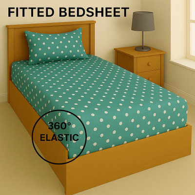 Rumps Cotton Single Fitted (Elastic) 350 TC Printed Bedsheet(Pack of 1, Blue, golen)