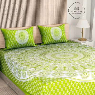 PahalArts 144 TC Cotton Double Jaipuri Prints Flat Bedsheet(Pack of 1, Green)