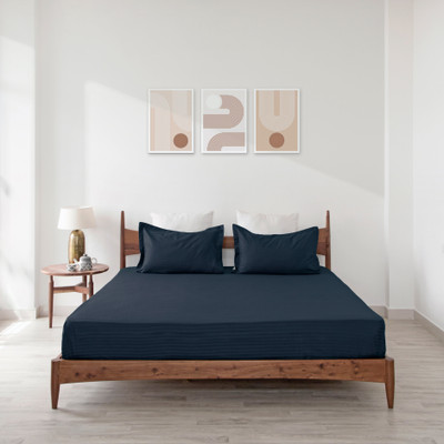 HOMEMONDE Cotton King Flat 210 TC Striped Bedsheet(Pack of 1, Dark Blue)