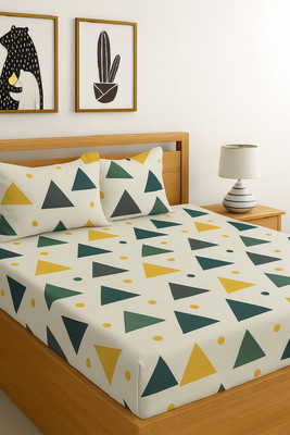 INDHOME LIFE 220 TC Cotton King Printed Fitted (Elastic) Bedsheet(Pack of 1, White-Multi Cube)