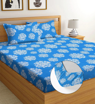 Shruvis Ekart 254 TC Cotton Double Printed Fitted (Elastic) Bedsheet(Pack of 1, Blue, White_Floral)