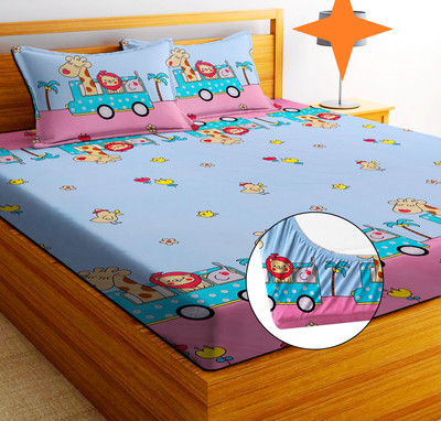 EXFAB 244 TC Cotton Double Printed Fitted (Elastic) Bedsheet(Pack of 1, Blue)