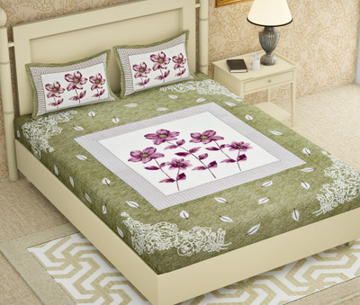 Cosito 144 TC Cotton Double Jaipuri Prints Flat Bedsheet(Pack of 1, Green)