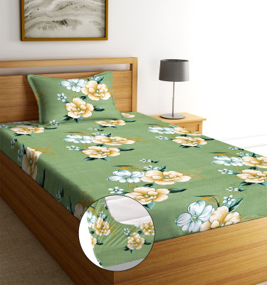 Moonroof Cotton Single Fitted (Elastic) 240 TC Printed Bedsheet(Pack of 1, White, Green_Sunflower)