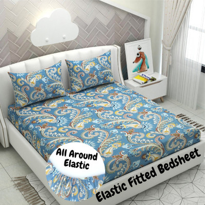 Apala 240 TC Microfiber Double Printed Fitted (Elastic) Bedsheet(Pack of 1, Blue)