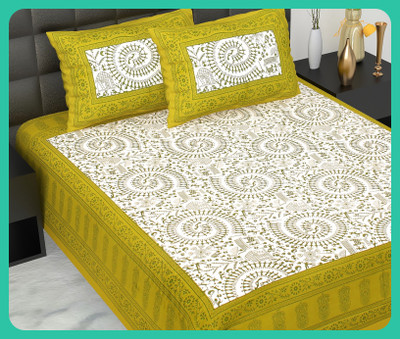 JAIPUR PRINTS Cotton Double Flat 210 TC Jaipuri Prints Bedsheet(Pack of 1, Green)