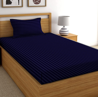 Priscilla 200 TC Satin Single Striped Fitted (Elastic) Bedsheet(Pack of 1, Navy)