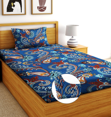Crafteal 244 TC Cotton King Printed Fitted (Elastic) Bedsheet(Pack of 1, Multicolor)