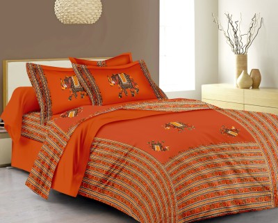 Lali Prints 185 TC Cotton Double Embroidered Flat Bedsheet(Pack of 1, Orange)