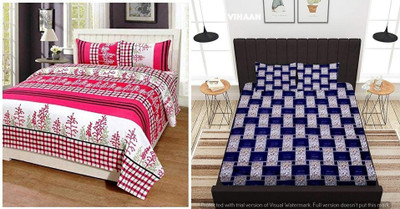 kaku handloom Cotton Double Flat 240 TC Printed Bedsheet(Pack of 2, Multicolor)