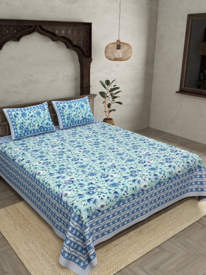 JAIPUR FABRIC Cotton Double Flat 180 TC Floral Bedsheet(Pack of 1, Blue)