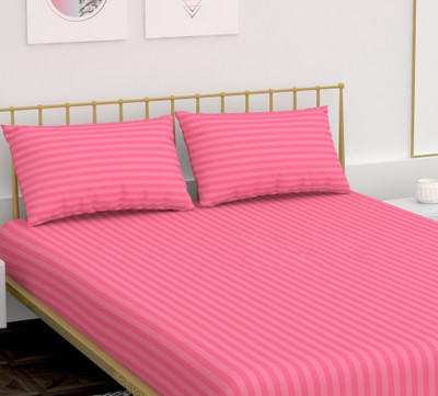 FINBIN 180 TC Microfiber Double Striped Fitted (Elastic) Bedsheet(Pack of 1, Pink)