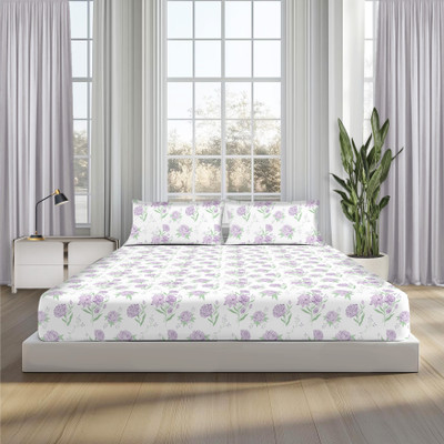 Sleepsia Cotton Queen Flat 180 TC Floral Bedsheet(Pack of 1, Lavender, Off White)