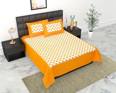 E ELMA 144 TC Cotton Double Jaipuri Prints Flat Bedsheet(Pack of 1, Yellow)