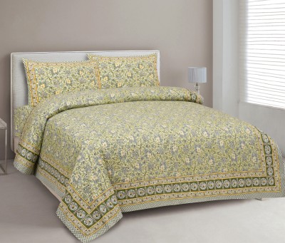 CLOTHOLOGY 240 TC Cotton King Jaipuri Prints Flat Bedsheet(Pack of 1, Green, Grey, Yellow)