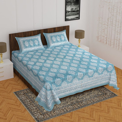 NANDMAYA 144 TC Cotton Double Jaipuri Prints Flat Bedsheet(Pack of 1, Blue)
